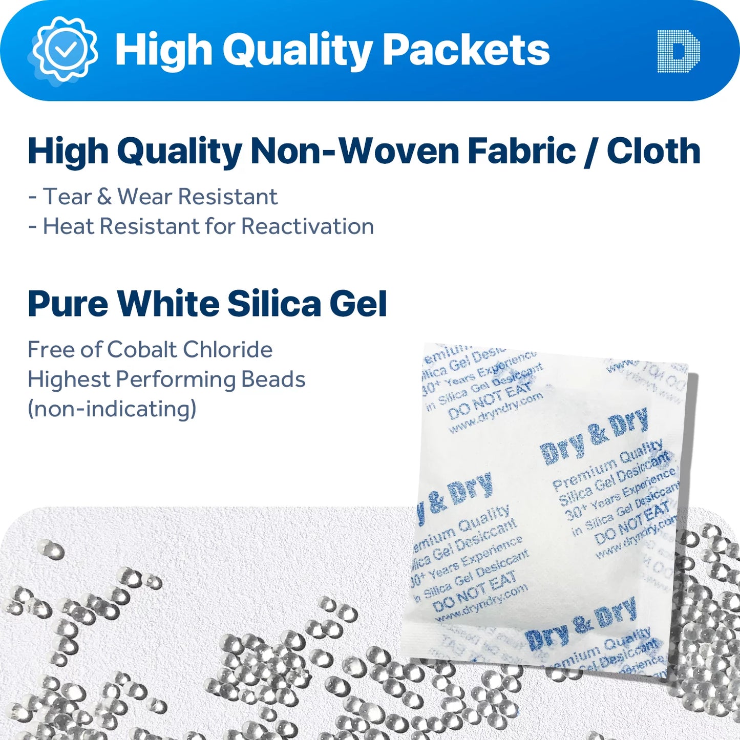 50 Gram [50 Packs] "Dry & Dry" Premium Silica Gel Packets Desiccant Dehumidifiers - Rechargeable Fabric