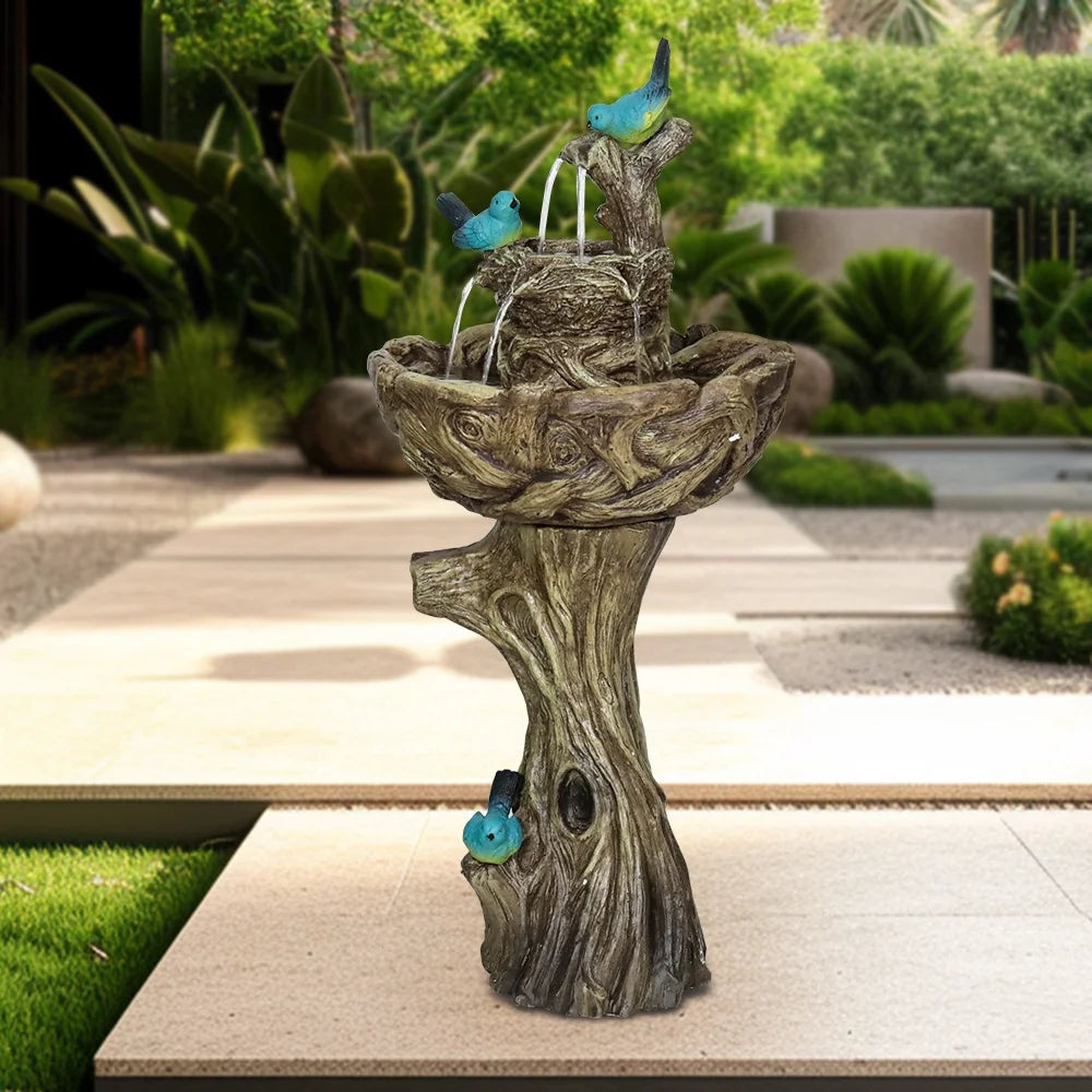 3-Tier Outdoor moisture Fountain Bird Bath Patio Fountain Outdoor Stump Like Waterfall Fountain with Birds Decor Freestanding Patio liquid Fountain Pump for Garden Yard Patio Porch