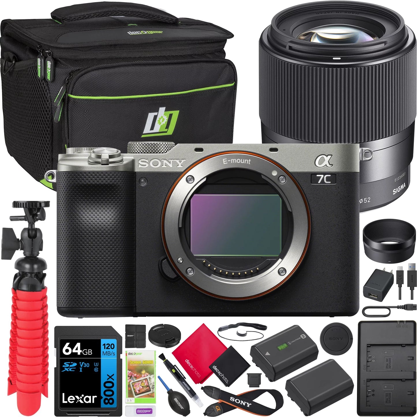 a7C Mirrorless Full Frame Camera Body Silver ILCE-7C/S Bundle with Sigma 30mm F1.4 DC DN Contemporary Lens 302965 + Deco Gear Bag + Extra Battery & Dual Charger + 64GB Card +Tripod & Accessories