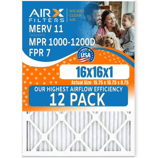 16x16x1 Air Filter MERV 11 Rating, 12 Pack of Furnace Filters Comparable to MPR 1000, MPR 1200, FPR 7, High Efficiency 12 Pack of Furnace Filters Made in USA by AIRX FILTERS WICKED CLEAN AIR.