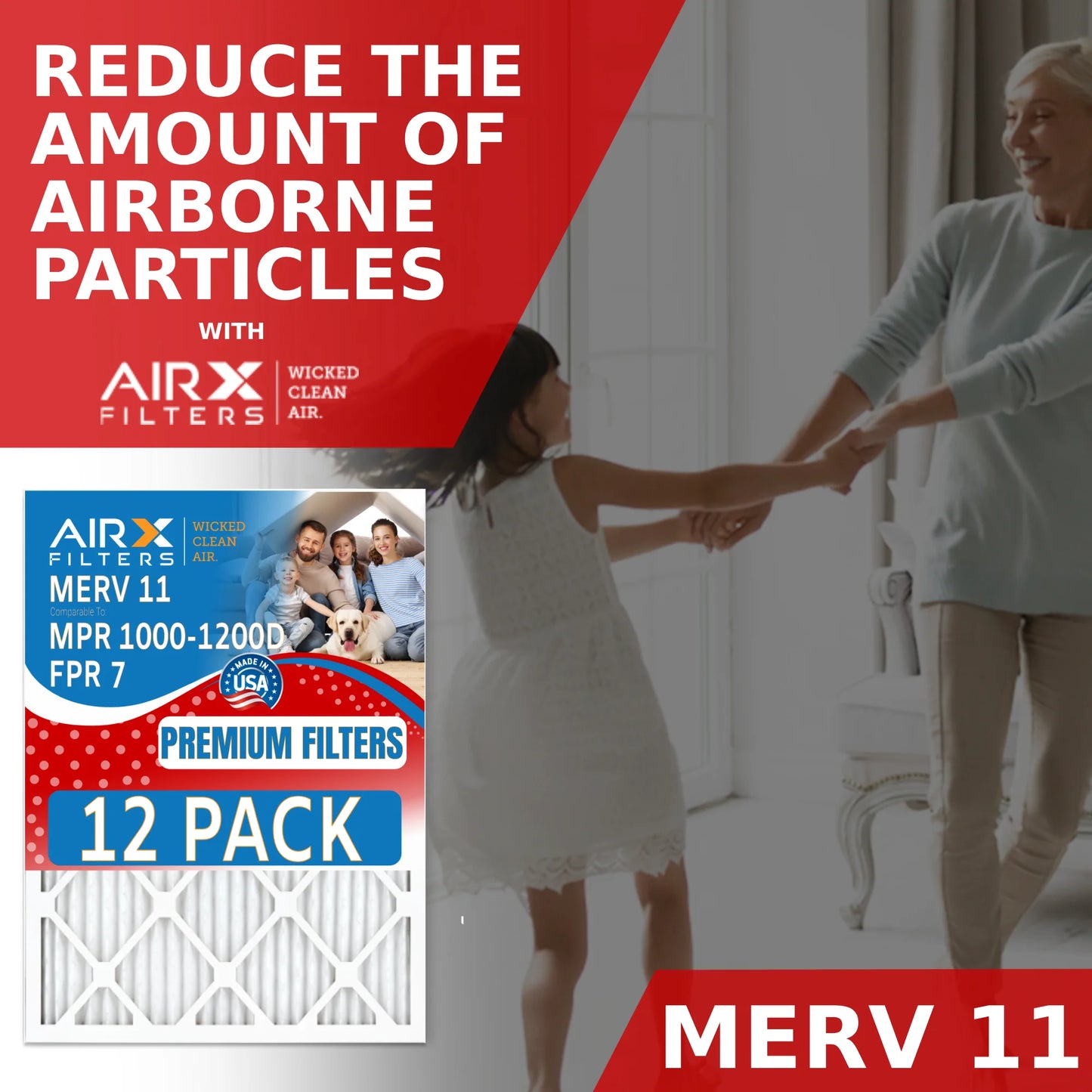 18x24x2 Air Filter MERV 11 Rating, 12 Pack of Furnace Filters Comparable to MPR 1000, MPR 1200 & FPR 7 - Made in USA by AIRX FILTERS WICKED CLEAN AIR.