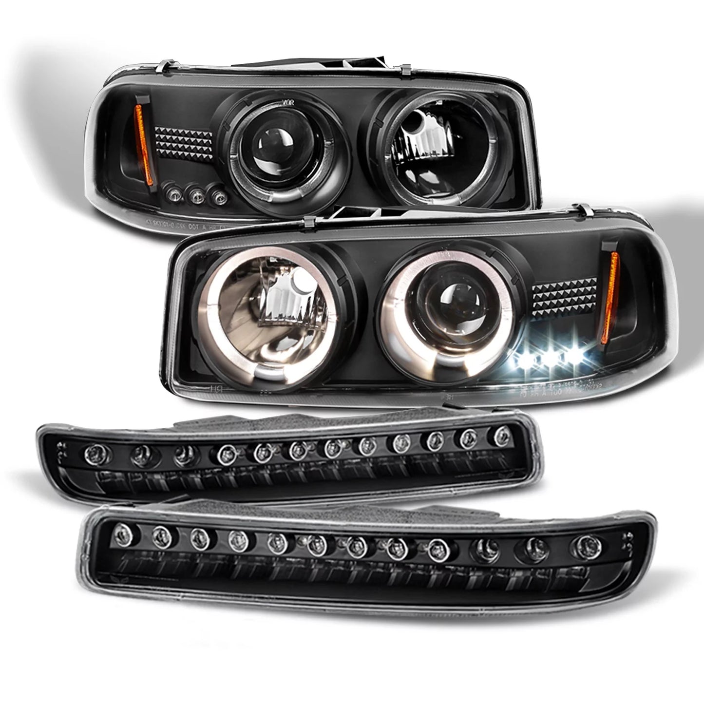 AKKON - For GMC Sierra Yukon Halo Projector Headlights Lamps + LED Bumper Signal Lights Replacement Combo