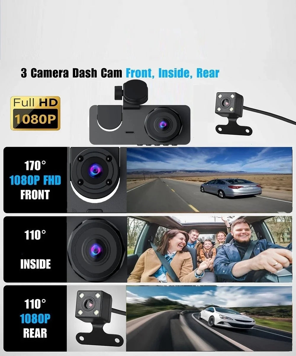 3 Camera Dash Car DVR Night Vision. Car Video Recorder