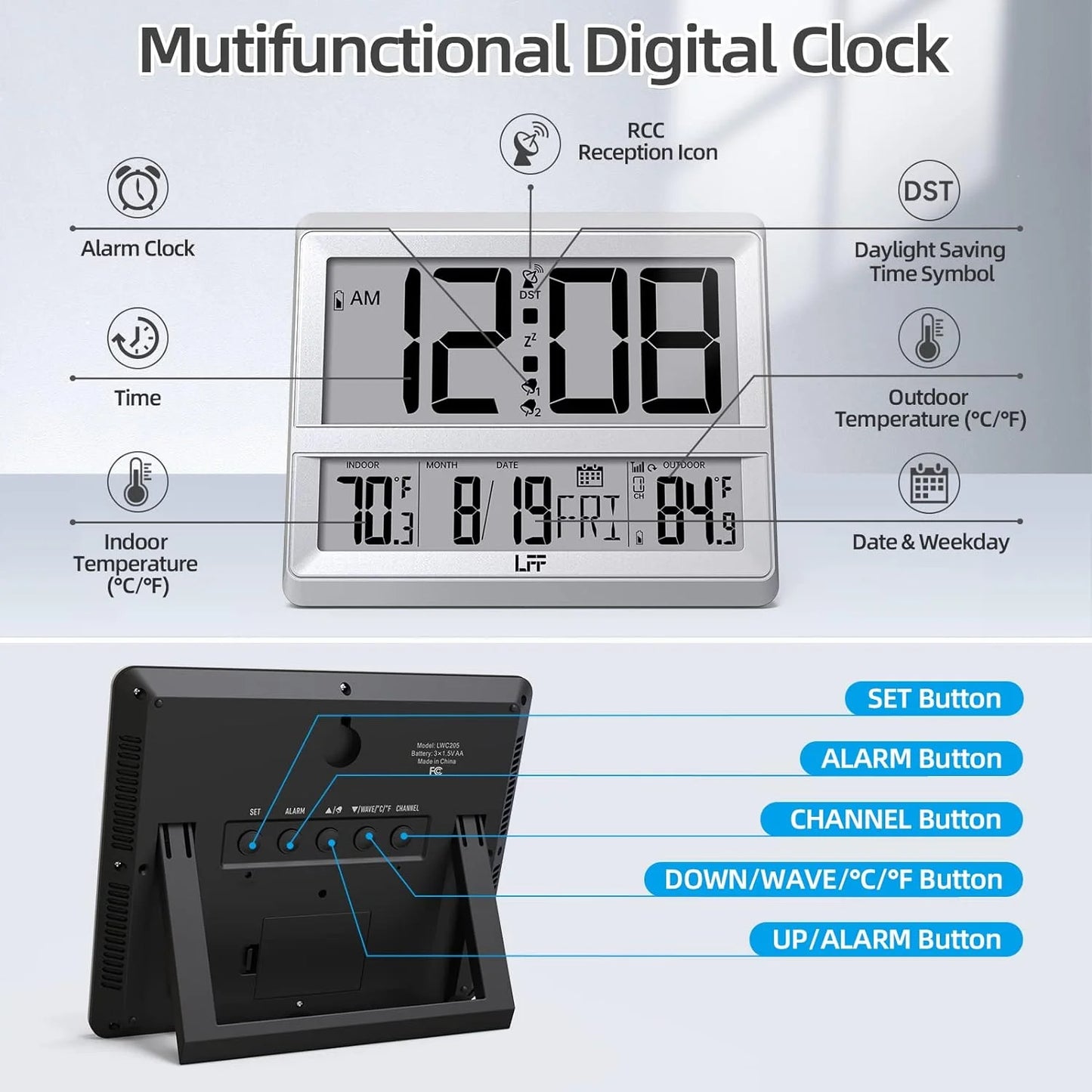 Atomic Clock Large Display, Digital Wall Clock with Indoor Outdoor Temperature and Date, Wireless Outdoor Sensor, Digital Desk Alarm Clock for Bedroom, Easy to Read, Sliver