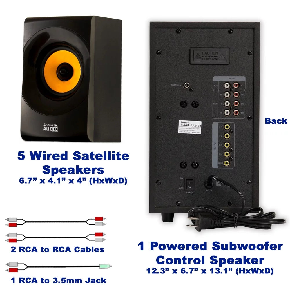 Acoustic Audio AA5170 Home Theater 5.1 Bluetooth Speaker System with FM and Optical Input