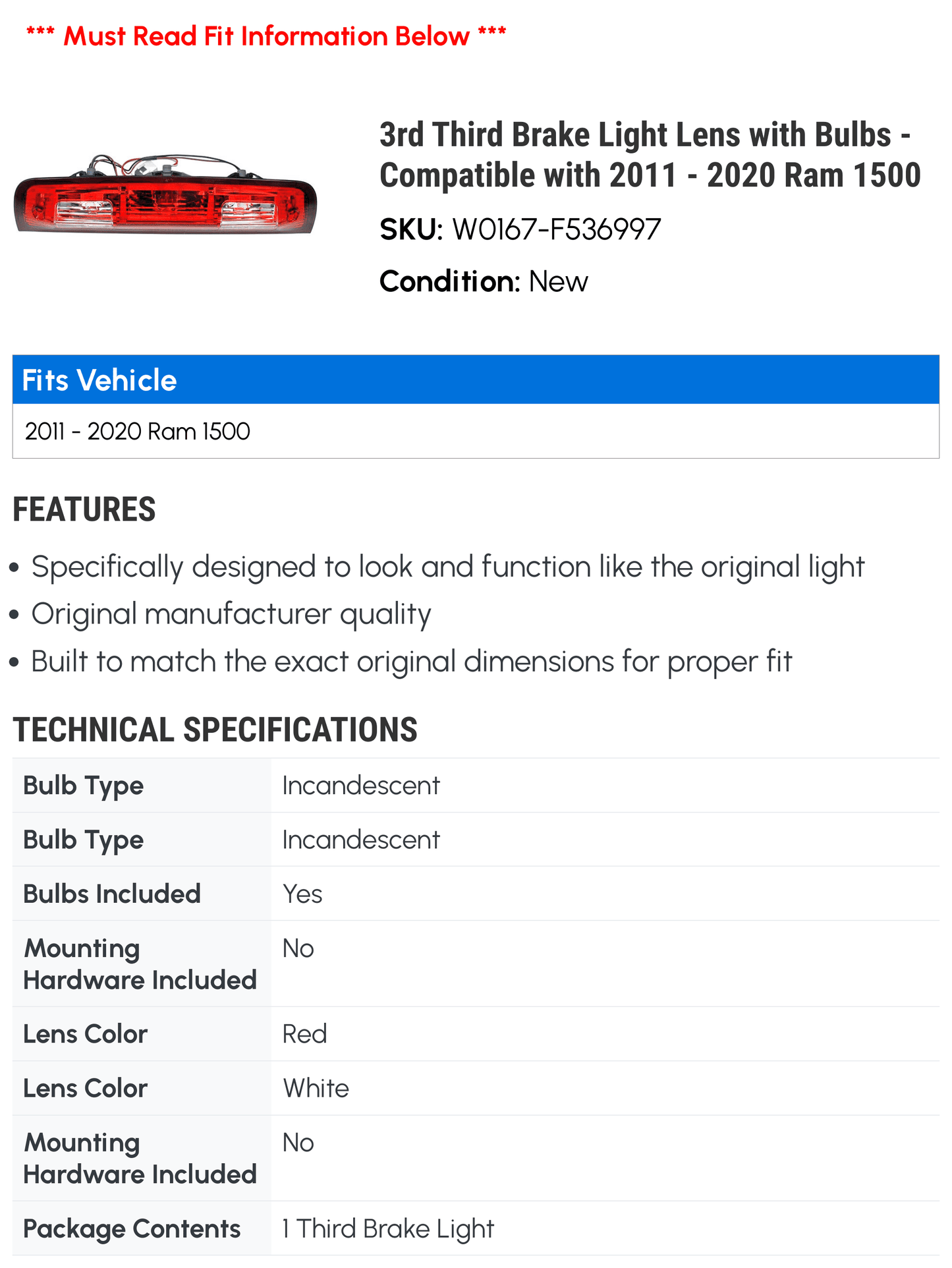 3rd Third Brake Light Lens with Bulbs - matching with 2011 - 2020 Ram 1500 2012 2013 2014 2015 2016 2017 2018 2019