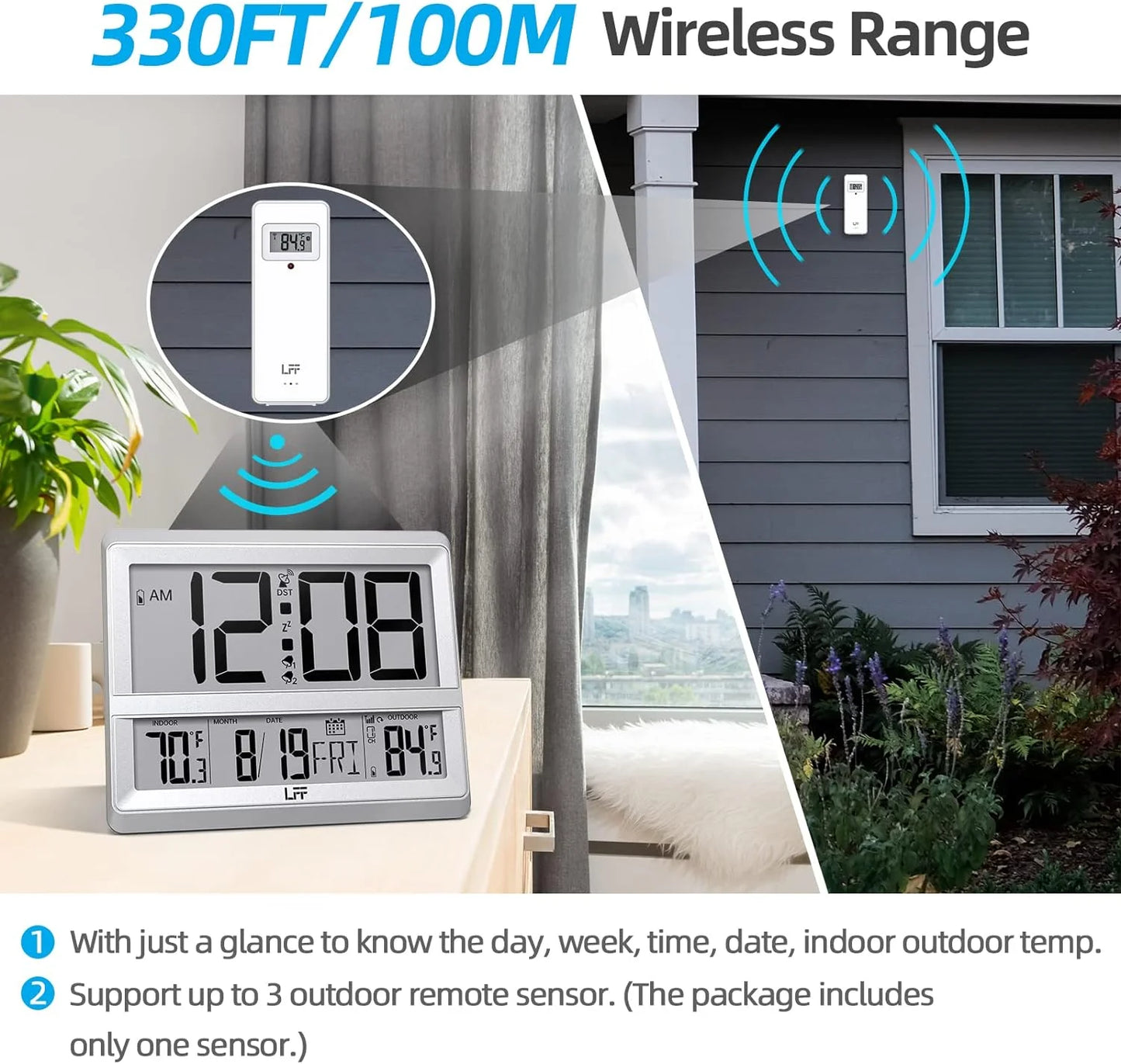 Atomic Clock Large Display, Digital Wall Clock with Indoor Outdoor Temperature and Date, Wireless Outdoor Sensor, Digital Desk Alarm Clock for Bedroom, Easy to Read, Sliver