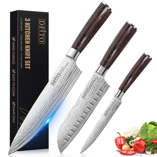 3PCS DFITO Chef Knife, Professional Kitchen Knives,High Carbon Stainless Steel Chefs Knife Set, Ultra Sharp Blade, Ergonomic Handle and Gift Box for Home or Restaurant