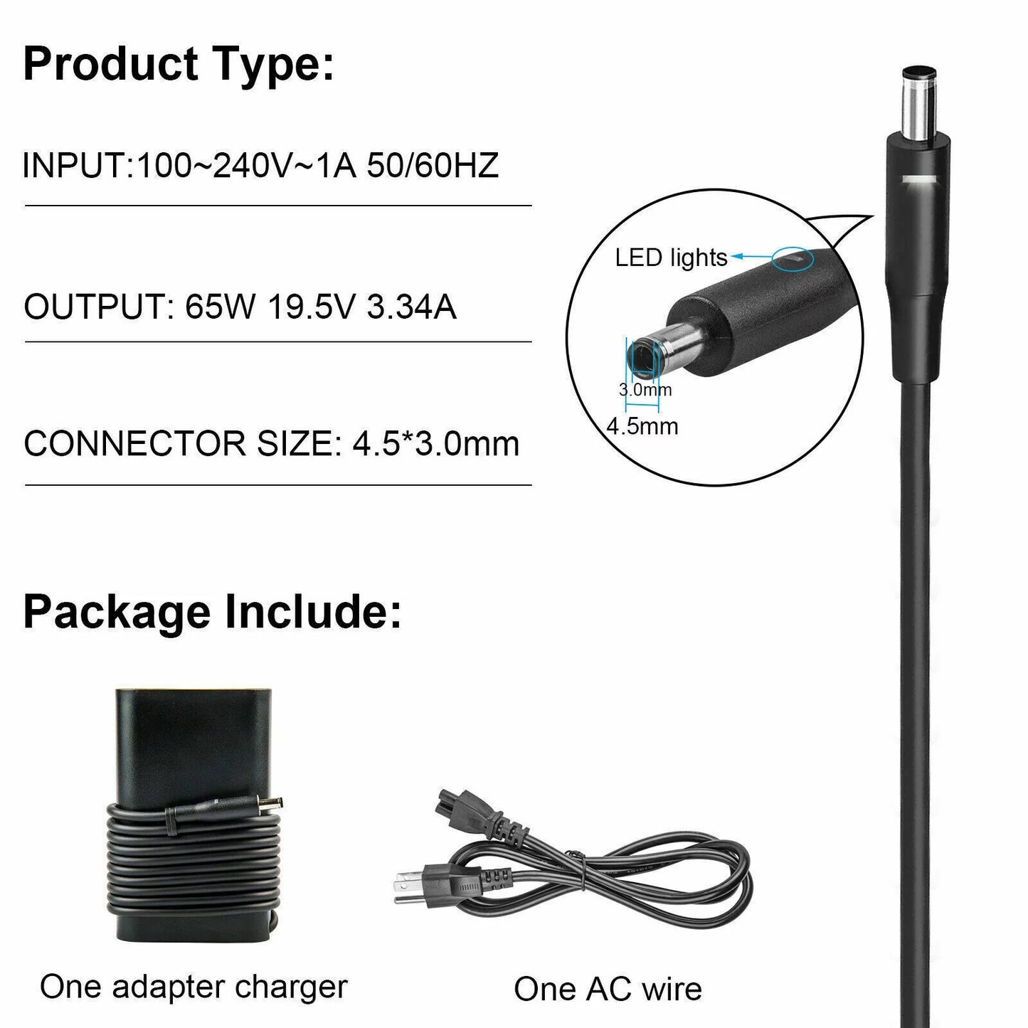 65W 19.5V 3.34A Charger For  PA-12 PA-10 Inspiron 6TM1C AC Adapter 4.5*3.0mm