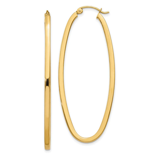 2mm Polished Square Tube Oval Hoop Earrings in Real 14k Yellow Gold