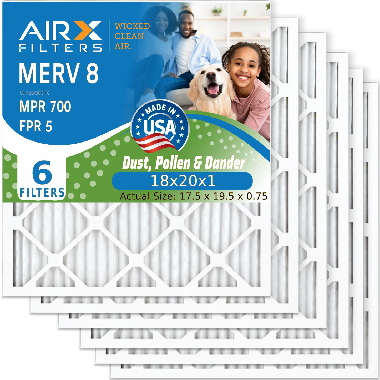 18x20x1 Air Filter MERV 8 Comparable to MPR 700 & FPR 5 Electrostatic Pleated Air Conditioner Filter 6 Pack HVAC AC Premium USA Made 18x20x1 Furnace Filters by AIRX FILTERS WICKED CLEAN AIR.