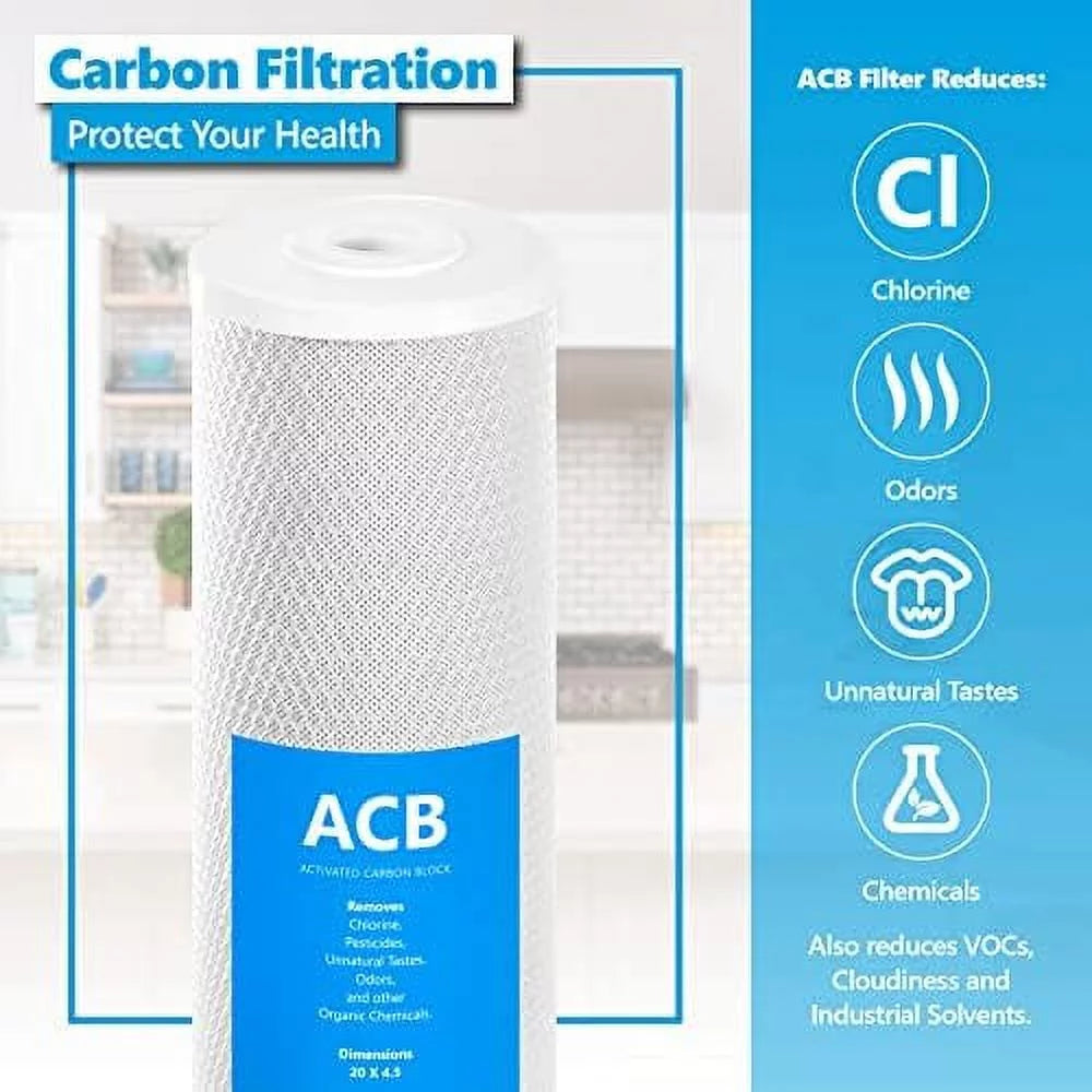 6 pack moisture filter activated carbon block replacement filter  acb large capacity moisture filter  whole house filtration  5 micron liquid filter  4.5” x 20” inch