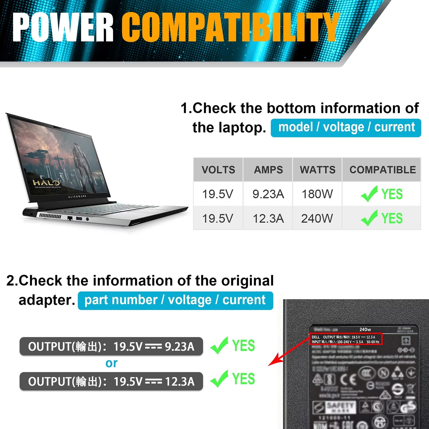 240W 180W AC Adapter Charger for  Alienware 13 15 17 R1 R2 R3 R4 Series, Alienware X51 M17 M15 M17X M18X, Precision 7710 7730 7520 M6700 M6800 PA-9E Laptop Charger Power Supply Cord