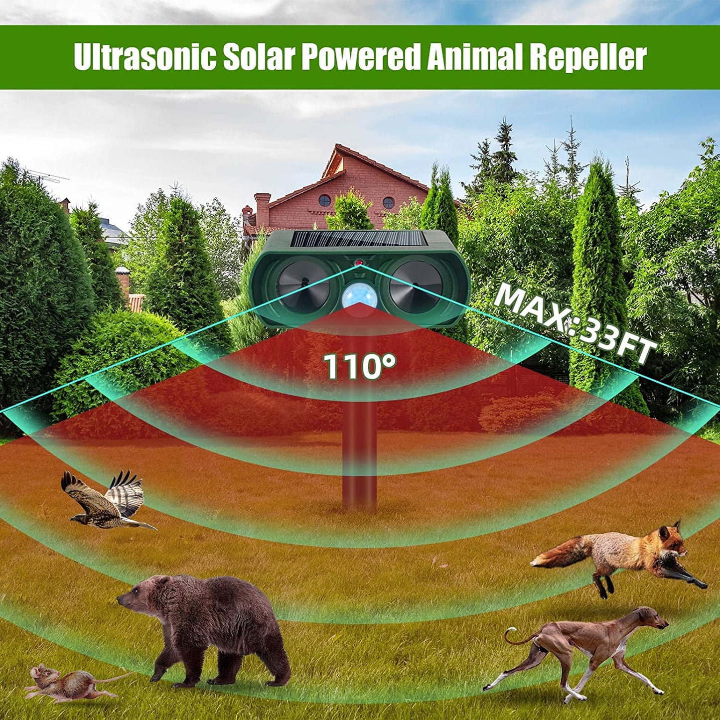 2 Pack Ultrasonic Animal Repellent Outdoor Solar Animal Repeller Waterproof with PIR Sensor & Flashing Lights Pest Repeller Animal Deterrent to Keep Deer Cat Dog Raccoon Mouse Fox Away