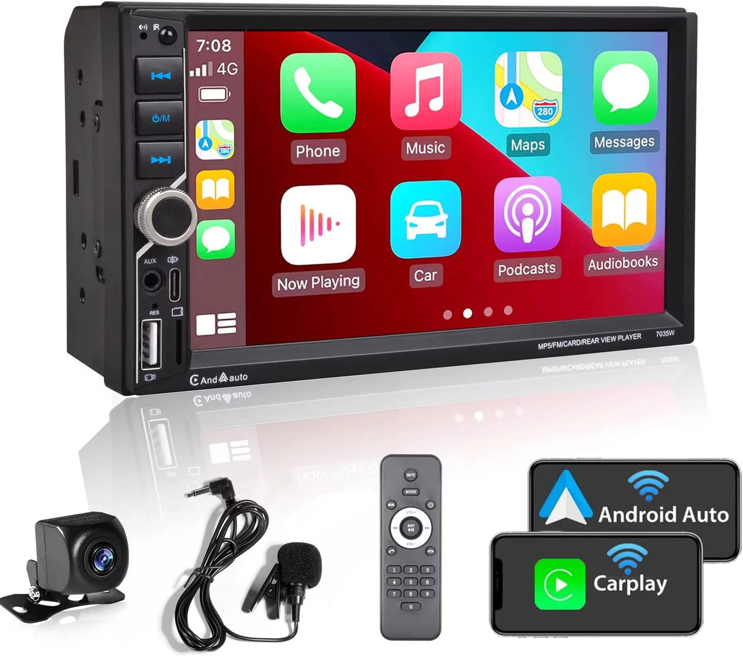 Alondy Double Din Car Stereo,matching with Wireless CarPlay/Android Auto,Type-C USB,7" Touchscreen,Mirror Link,Backup Camera,Bluetooth Voice Control,External Mic AUX SD DSP FM Radio Audio Receiver