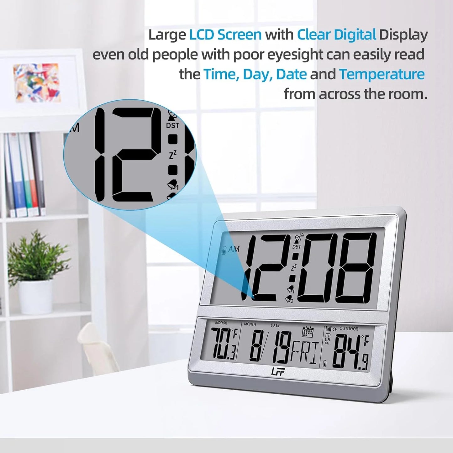 Atomic Clock Large Display, Digital Wall Clock with Indoor Outdoor Temperature and Date, Wireless Outdoor Sensor, Digital Desk Alarm Clock for Bedroom, Easy to Read, Sliver