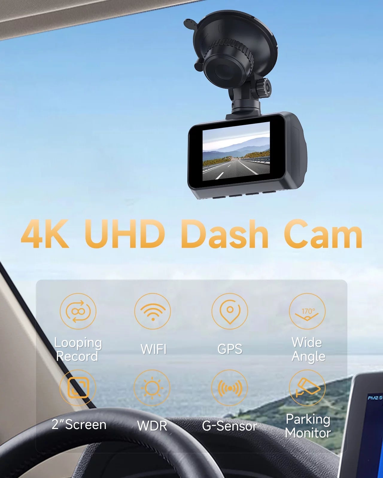 4K Dash Cam WiFi GPS,4K+1080P Front and Rear, Car Dash Camera, Dashcam with 2" LCD Screen, 170° Wide Angle, WDR, Night Vision,Parking Mode, G-Sensor,Black