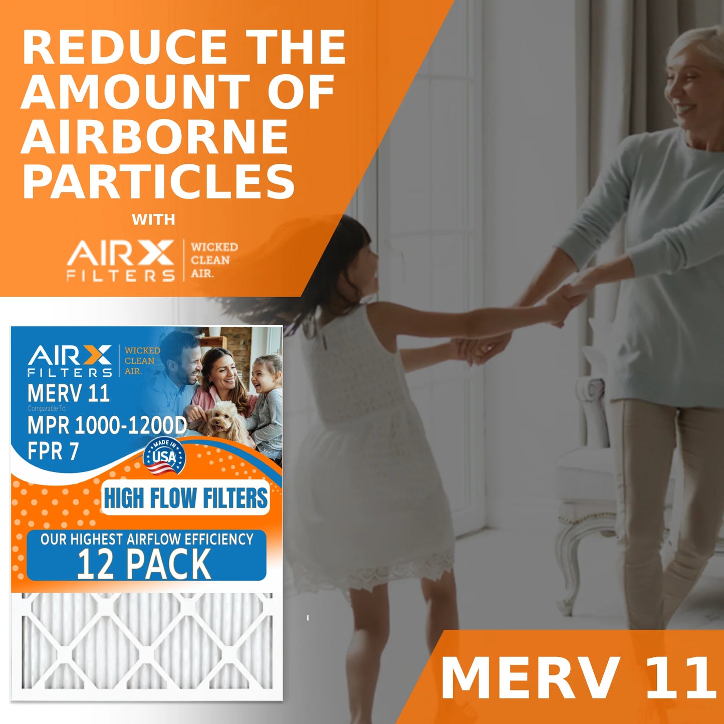 16x16x1 Air Filter MERV 11 Rating, 12 Pack of Furnace Filters Comparable to MPR 1000, MPR 1200, FPR 7, High Efficiency 12 Pack of Furnace Filters Made in USA by AIRX FILTERS WICKED CLEAN AIR.