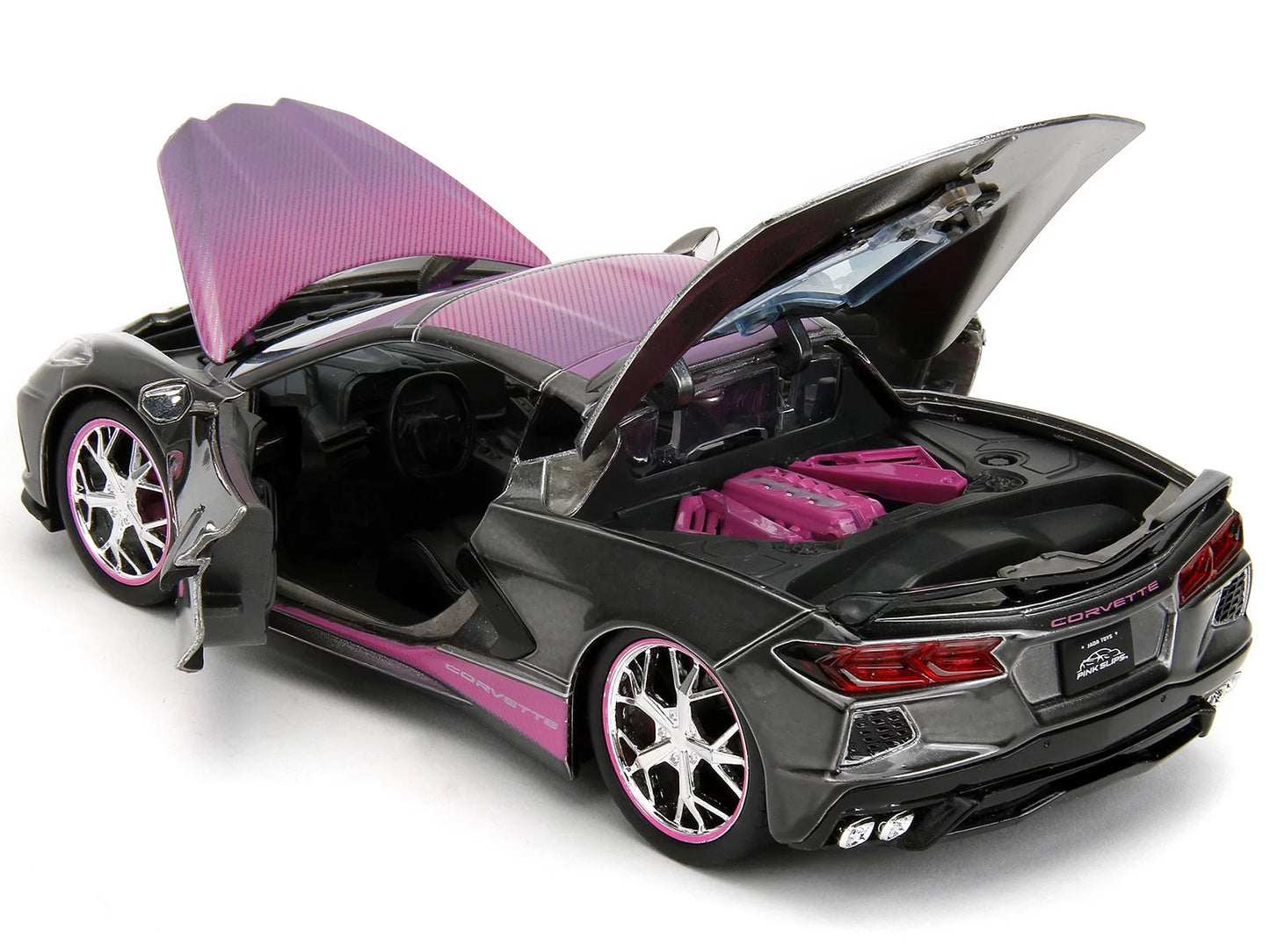 2020 Chevrolet Corvette Stingray Gray Metallic with Pink Carbon Hood and Top Pink Slips Series 1/24 Diecast Model Car by Jada