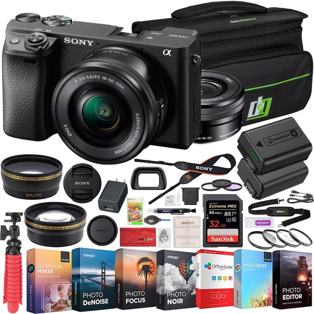 a6400 4K Mirrorless Camera ILCE-6400L/B (Black) with 16-50mm f/3.5-5.6 OSS Lens Kit + 0.43x Wide Angle and 2.2X Telephoto Lens Deco Gear Case Filter Set & Extra Battery Power Editing Bundle