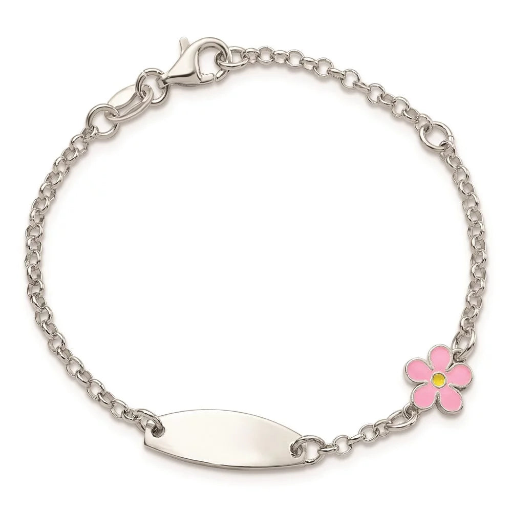 Auriga 925 Sterling Silver Enameled Flower 5inch Id Bracelet 6inch for Women