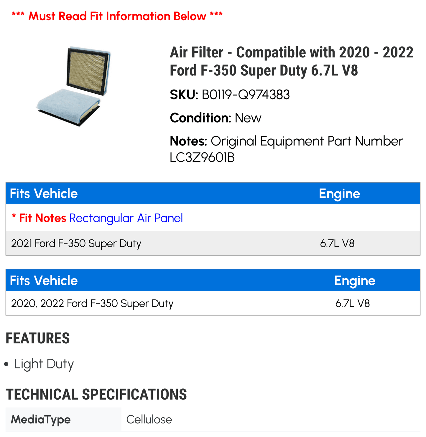 Air Filter - appropriate with 2020 - 2022  F-350 Super Duty 6.7L V8 2021