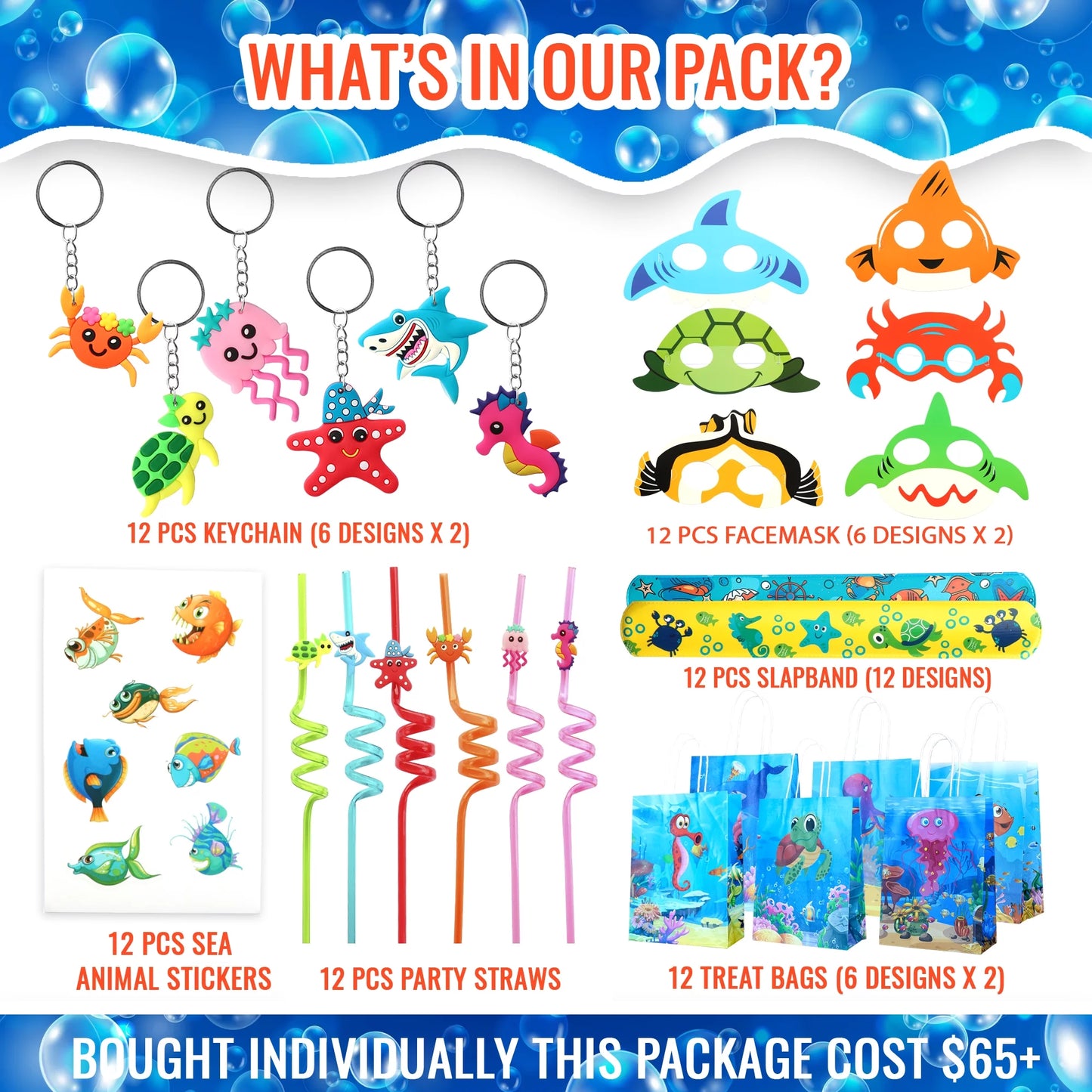 72 Pcs Under The Sea party Favors, Set of 12 Ocean Animal Style Mask Keychain Straw Stickers Treat Bags For Kids Under The Sea Birthday Party Supply