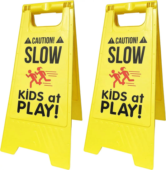 2 Pack Caution! SLOW - KIDS at PLAY! Signs, Double Sided, High Visibility Yellow Color, Fold-Out Standing Signs, Portable with Carrying Handle - by SciencePurchase