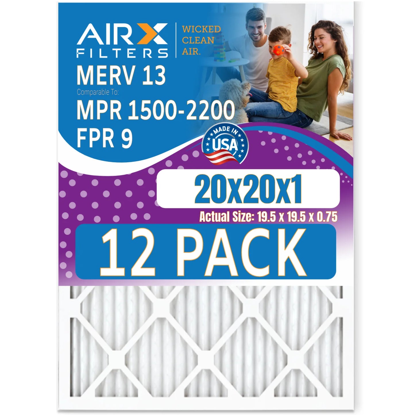 20x20x1 Air Filter MERV 13 Rating, 12 Pack of Furnace Filters Comparable to MPR 1500 - 2200 & FPR 9 - Made in USA by AIRX FILTERS WICKED CLEAN AIR.