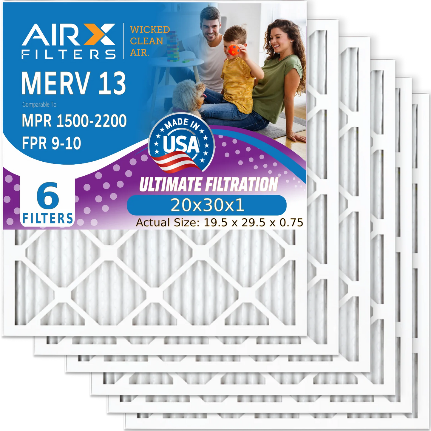 20x30x1 Air Filter MERV 13 Comparable to MPR 1500 - 2200 & FPR 9 Electrostatic Pleated Air Conditioner Filter 6 Pack HVAC AC Premium USA Made 20x30x1 Furnace Filters by AIRX FILTERS WICKED CLEAN AIR.