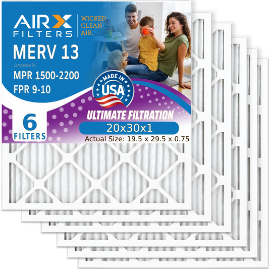 20x30x1 Air Filter MERV 13 Comparable to MPR 1500 - 2200 & FPR 9 Electrostatic Pleated Air Conditioner Filter 6 Pack HVAC AC Premium USA Made 20x30x1 Furnace Filters by AIRX FILTERS WICKED CLEAN AIR.