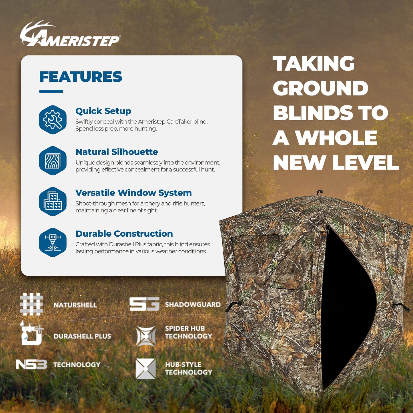 Ameristep Care Taker Pop up 2 Person Ground Hunting Blind, Realtree