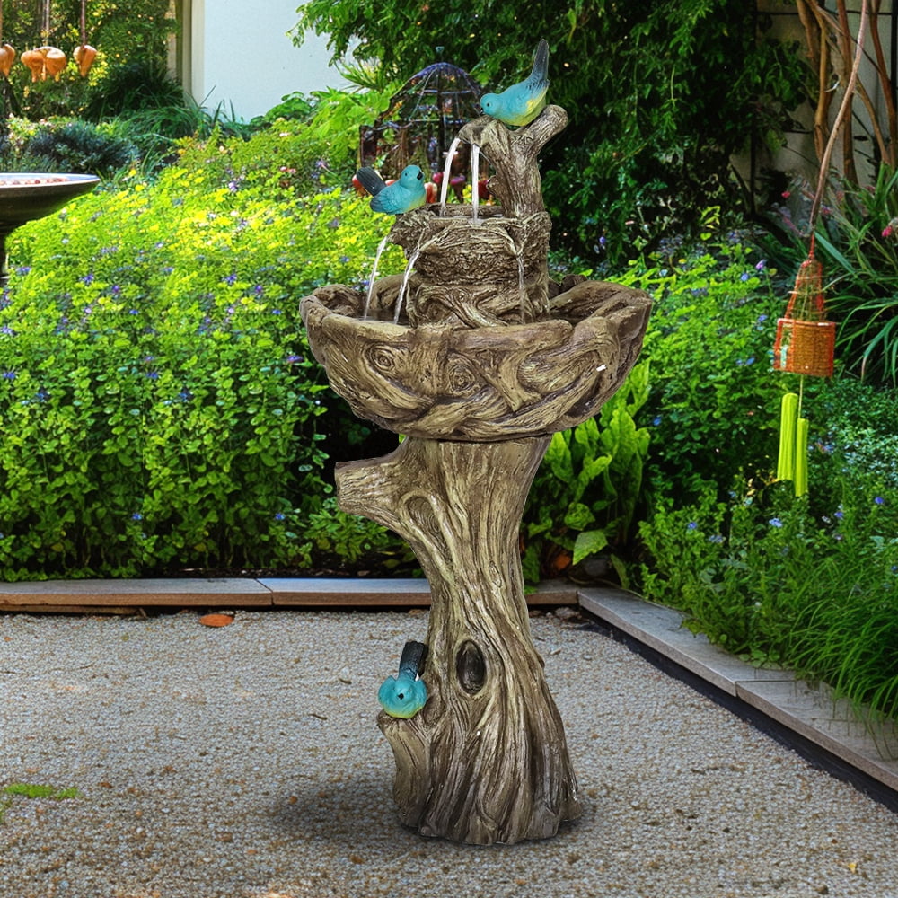 3-Tier Outdoor moisture Fountain Bird Bath Patio Fountain Outdoor Stump Like Waterfall Fountain with Birds Decor Freestanding Patio liquid Fountain Pump for Garden Yard Patio Porch