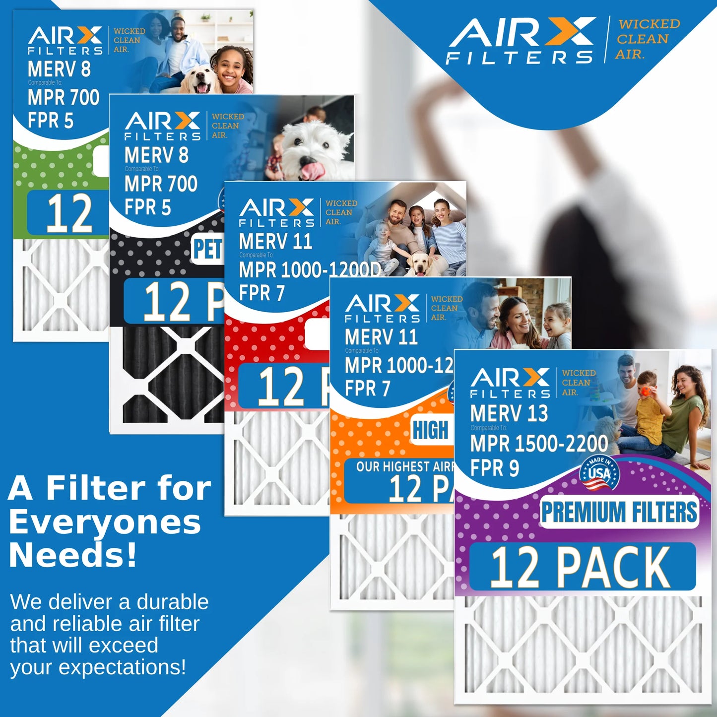 18x24x2 Air Filter MERV 11 Rating, 12 Pack of Furnace Filters Comparable to MPR 1000, MPR 1200 & FPR 7 - Made in USA by AIRX FILTERS WICKED CLEAN AIR.