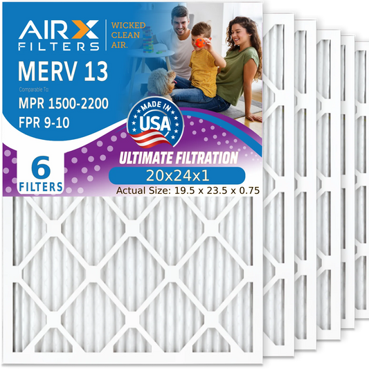 20x24x1 Air Filter MERV 13 Comparable to MPR 1500 - 2200 & FPR 9 Electrostatic Pleated Air Conditioner Filter 6 Pack HVAC AC Premium USA Made 20x24x1 Furnace Filters by AIRX FILTERS WICKED CLEAN AIR.