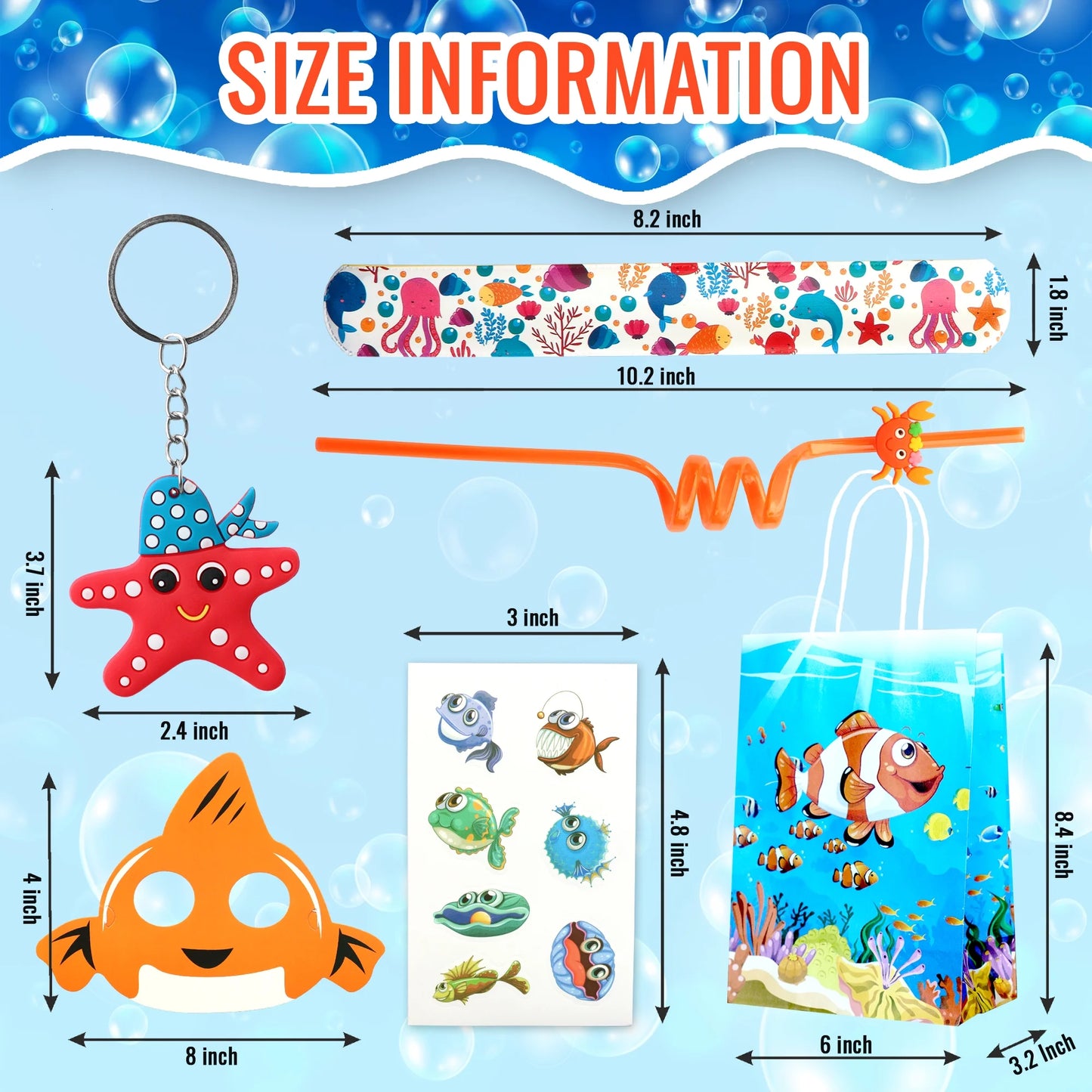 72 Pcs Under The Sea party Favors, Set of 12 Ocean Animal Style Mask Keychain Straw Stickers Treat Bags For Kids Under The Sea Birthday Party Supply