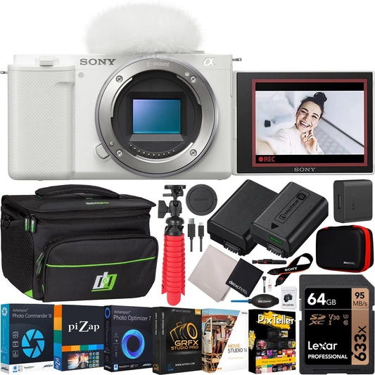 ZV-E10 Mirrorless Alpha APS-C Interchangeable Lens Vlog Camera (Body, White) ILCZV-E10/W Bundle with Deco Gear Photography Case + Extra Battery + Photo Video Software & Accessories Kit