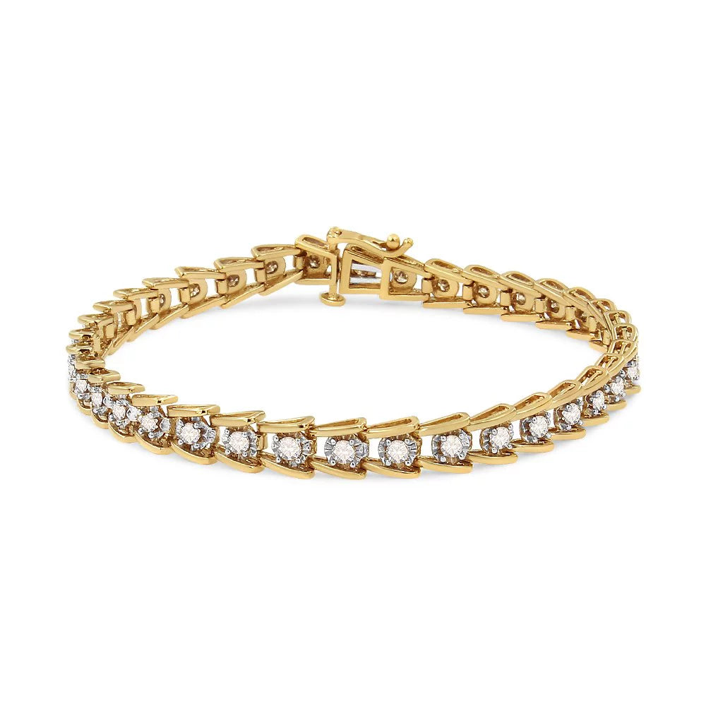 14K Yellow Gold Plated .925 Sterling Silver 2.00 Cttw Miracle Set Diamond Wave Link Bracelet (L-M Color, I2-I3 Clarity) - Size 7.25"