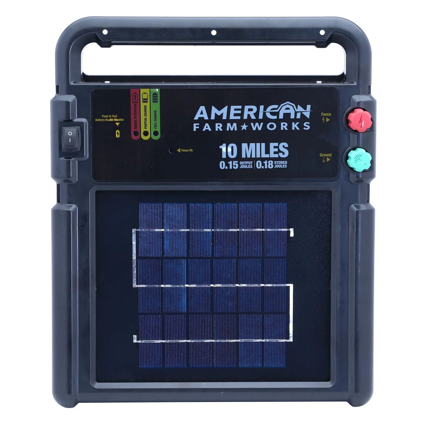 American FarmWorks 0.15 Joule 10-Mile Solar-Powered Electric Fence Energizer, TSC Exclusive Battery Monitor, Post Mount