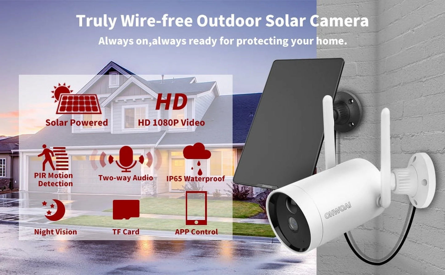 《Truly Wireless & Two-Way Audio》Outdoor Solar Powered Rechargeable Battery Camera, Surveillance WiFi Camera with Solar Panel, Security Home IP Camera, PIR Motion Detection, Waterproof, Night Vision