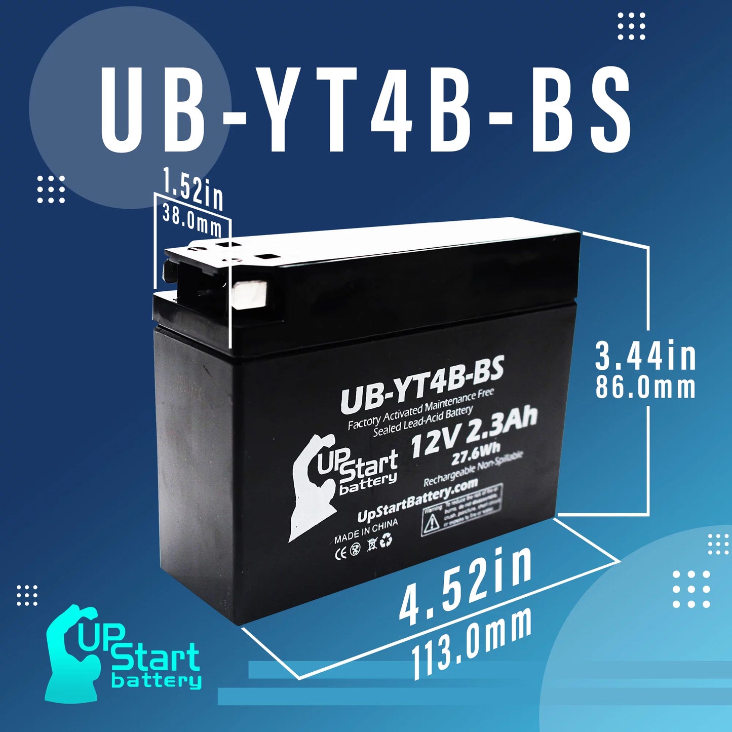 5-Pack UpStart Battery Replacement for 2010 Yamaha SR400 (FI) 400CC Factory Activated, Maintenance Free, Motorcycle Battery - 12V, 2.3Ah, UB-YT4B-BS