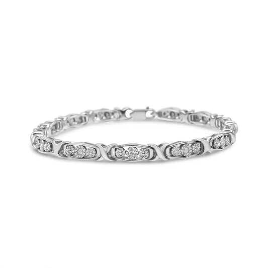 .925 Sterling Silver 1/10 Cttw Diamond Miracle Set 3 Stone Link Bracelet (I-J Color, I2-I3 superior) - 7.25" Inches