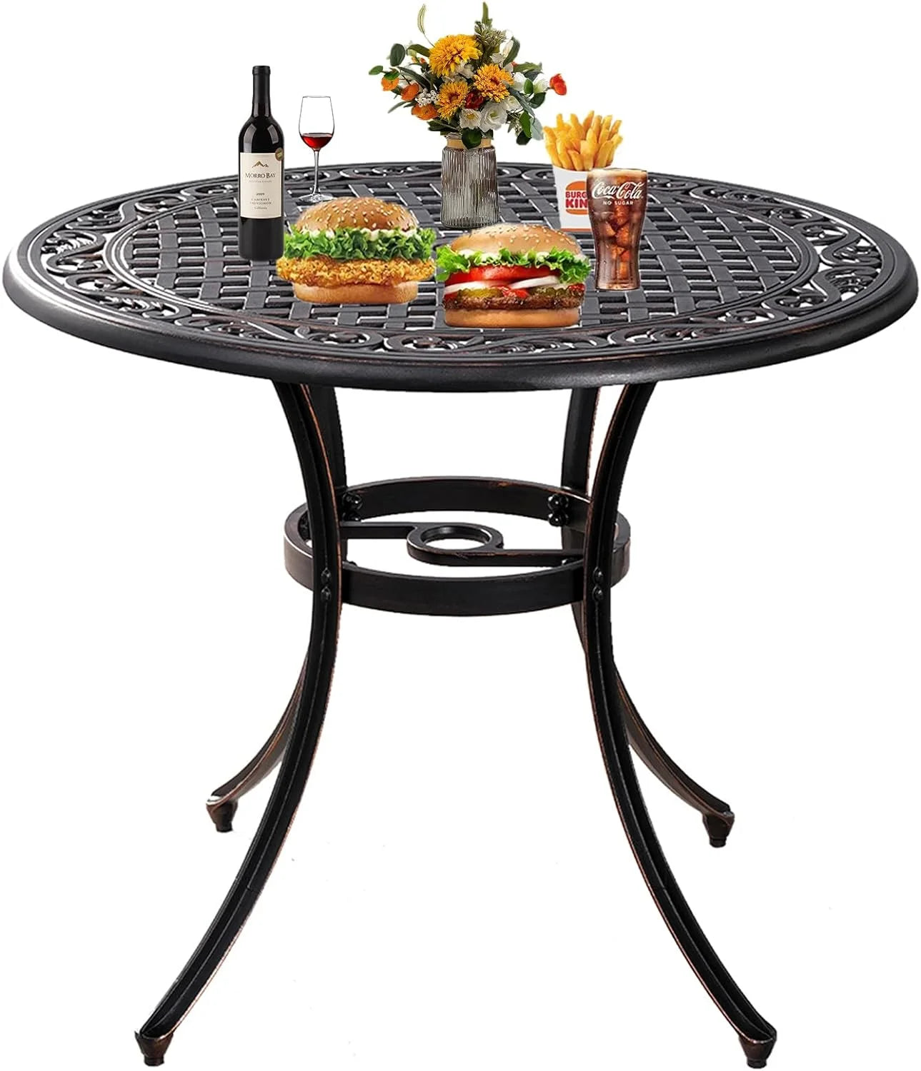 35.5 Inch Patio Bistro Dining Table, Cast Aluminum Patio Table with 1.97" Umbrella Hole,Round Outdoor Dining Table for Garden, Patio, Porch