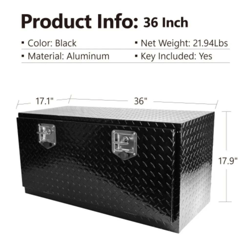 36 inch Heavy Duty Black Aluminum Tread Tool Box Truck Trailer Underbody Storage+Locks With T-Handle Latch Key  Black + Aluminum + Square box + 36"(36"×17.1"×17.9")