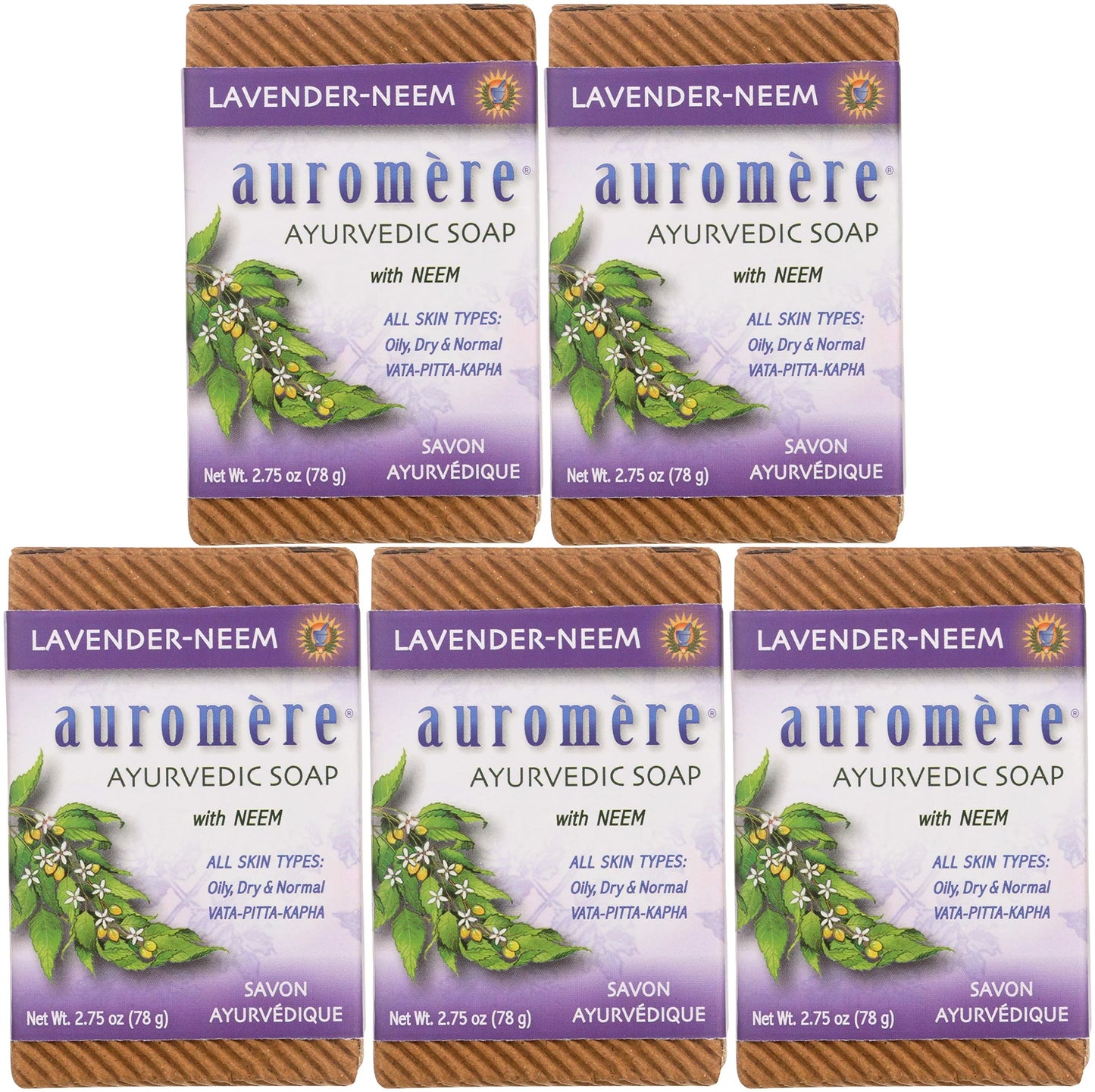 Auromere Ayurvedic Bar Soap, Lavender Neem - Eco Friendly, Handmade, Vegan, Cruelty Free, Natural, Non Gmo (2.75 Oz), 5 Pack.