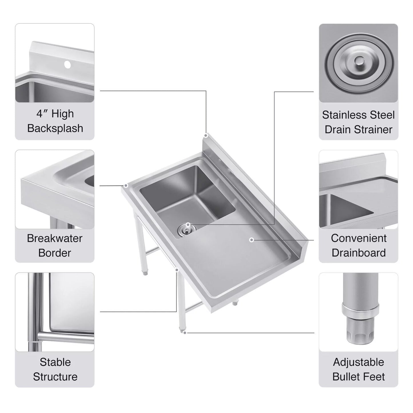 39.3* 23.6* 36.7in Stainless Steel Kitchen Utility Sink Drainboard Sink for Commercial and Home Use