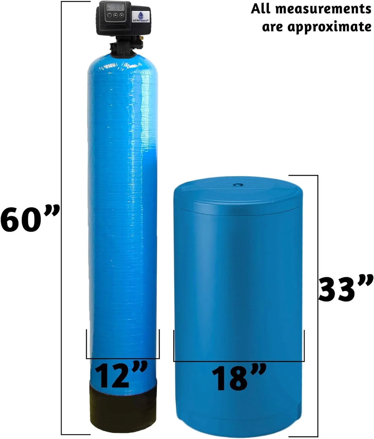 AFWFilters 2 cubic Foot 64k Whole Home Iron Pro liquid Softener with Fine Mesh Resin, 1" Plastic MNPT Connection, and Blue Tanks