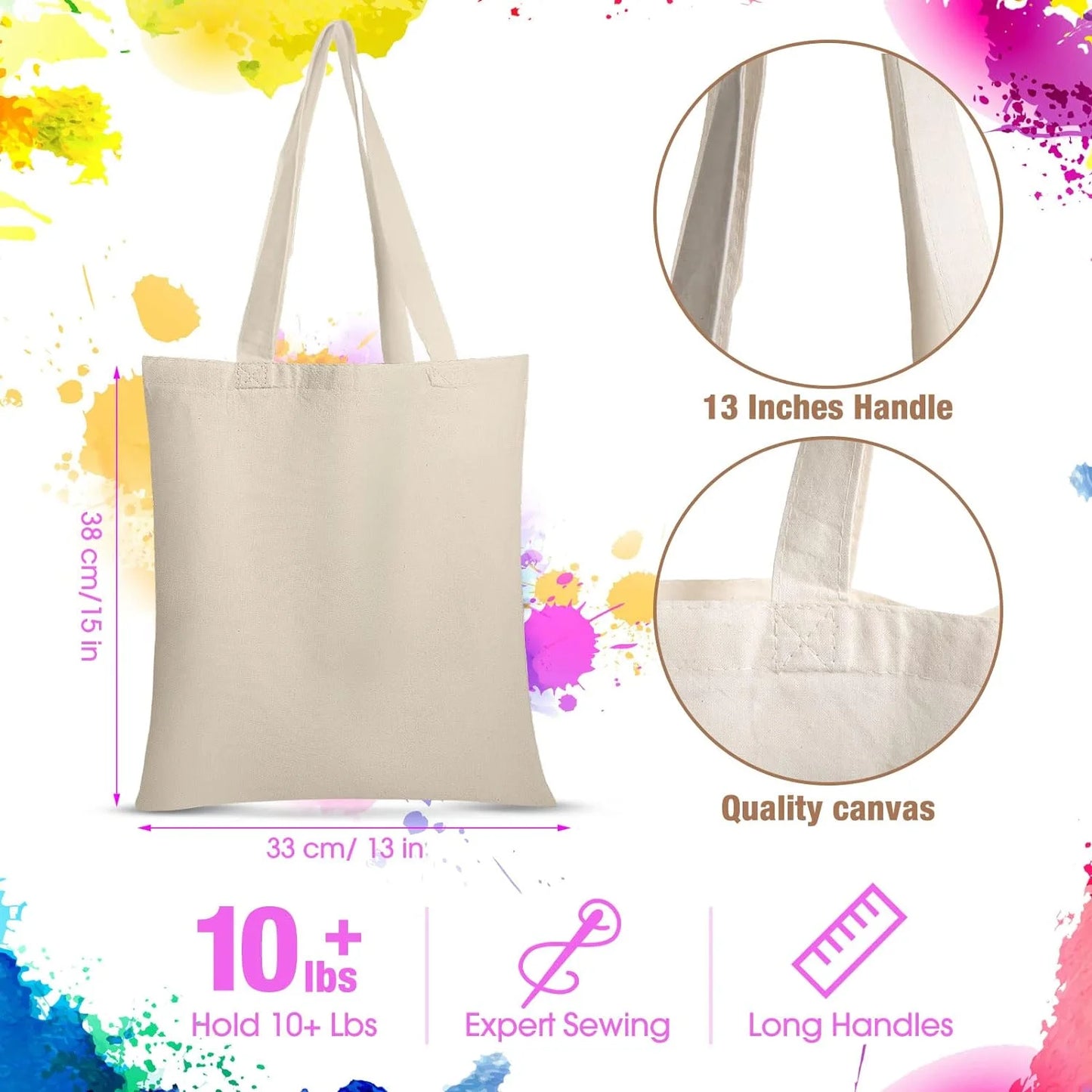 24 Pieces Canvas Tote Bags, Blank Plain Canvas Bag Lightweight Reusable Grocery Shopping Cloth Bags with Handles for DIY Crafting and Decorating, 13 Inch W x 15 Inch H