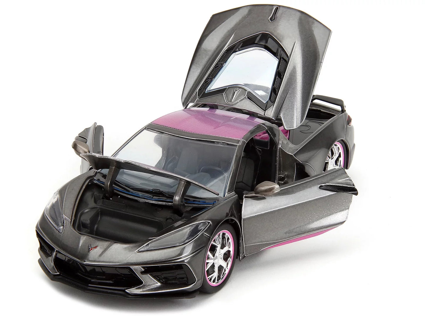 2020 Chevrolet Corvette Stingray Gray Metallic with Pink Carbon Hood and Top Pink Slips Series 1/24 Diecast Model Car by Jada