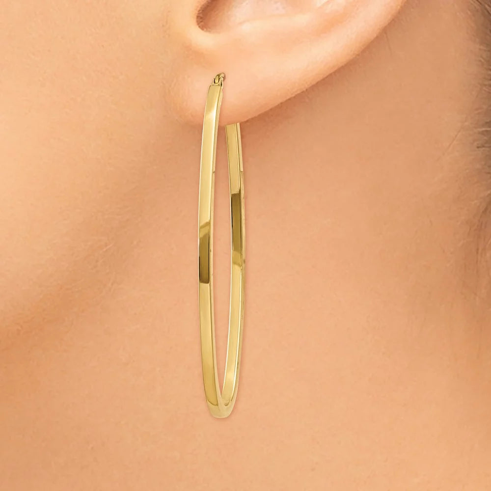 2mm Polished Square Tube Oval Hoop Earrings in Real 14k Yellow Gold